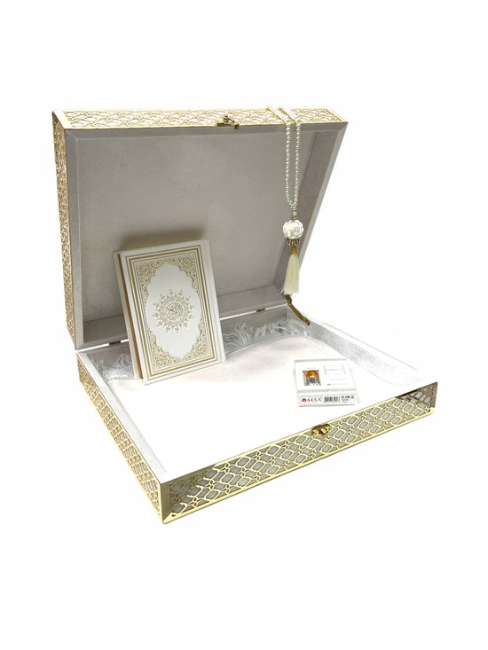 Geschenkset grijs met een gebedskleed, parel tasbih en een velvet Koran