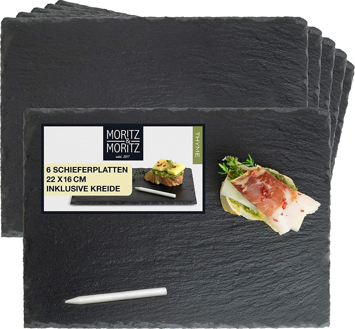 Moritz & Moritz 6 x leistenen platen serveerplaat 22 x 16 cm met krijtstift - leisteen plaat als buffetplaat voor het aanrichten en decoreren