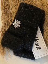Vingerloze Handschoenen - Winter Wanten met Glitter Steen - Polswarmers - Zwart - Eén Maat