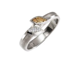 AuBor®. Wit-gouden ring met bladeren van goud en diamant. 19mm