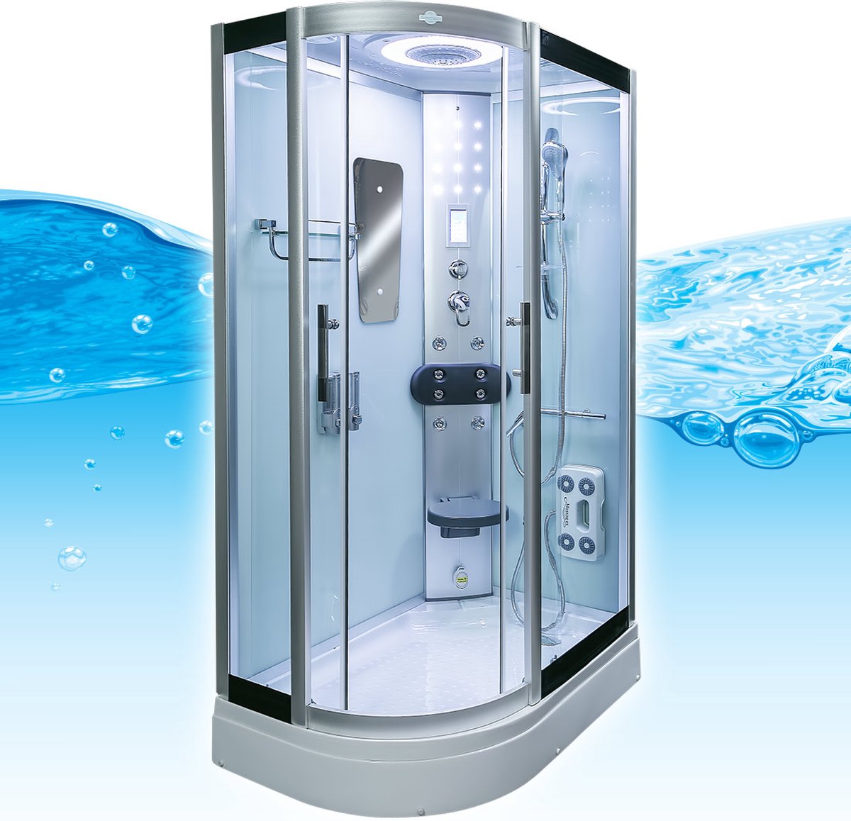 Complete Gesloten Douchecabine 120X80X215 Palma LINKS. THERMOSTAAT. Luxe, Kit-Vrij, Wit, Veiligheidsglas, LED, Radio, Speakers, Zitje, Massage, Hoekmodel, Kwartrond, Schuifdeuren, Douchebak, Afvoer, Sifon, Verschillende, Full Options. Royal Sanitair