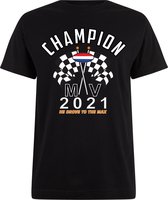 Kids T-shirt zwart Champion MV 2021 | race supporter fan shirt | Formule 1 fan kleding | Max Verstappen / Red Bull racing supporter | wereldkampioen / kampioen | racing souvenir | maat 152