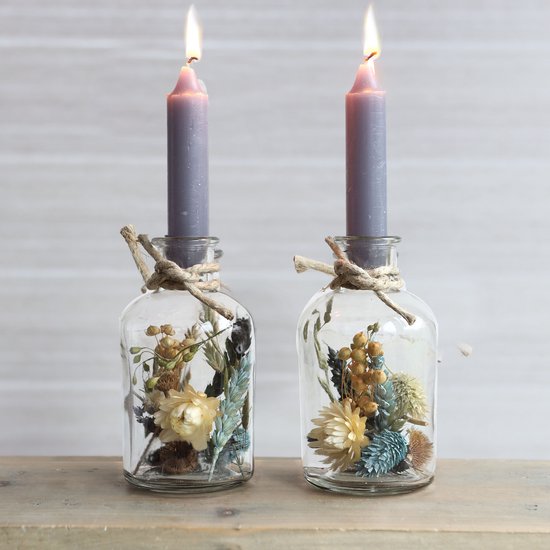 Fleurs séchées en Glas avec Bougies grises - Bouteilles décoratives avec bougie - 2 pcs