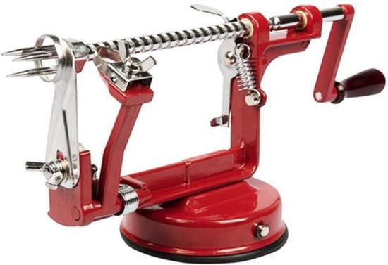 Rode appelschilmachine met een zilveren handvat en spiraal, geplaatst op een zwarte zuignap.