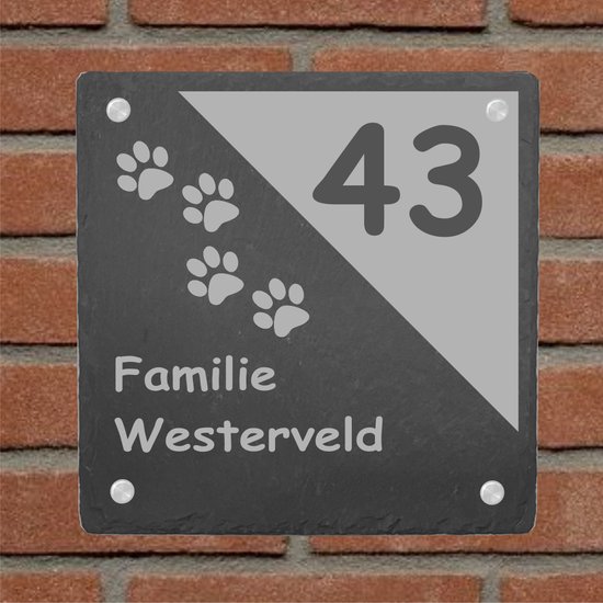 Kadotip !! Naambord Leisteen Familie + huisdier / Gepersonaliseerd naambord/ maat 20 x 20 cm. / incl. RVS bevestigingsmateriaal / Voordeur / Huisnummer / Geschenkgraveren - moederdag - vaderdag - verjaardag - uniek - persoonlijk-