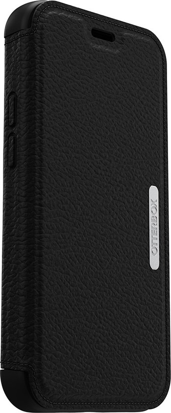 Zwarte OtterBox Strada portefeuille hoesje voor iPhone, met lederlook textuur en OtterBox logo.
