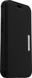 Zwarte OtterBox Strada portefeuille hoesje voor iPhone, met lederlook textuur en OtterBox logo.