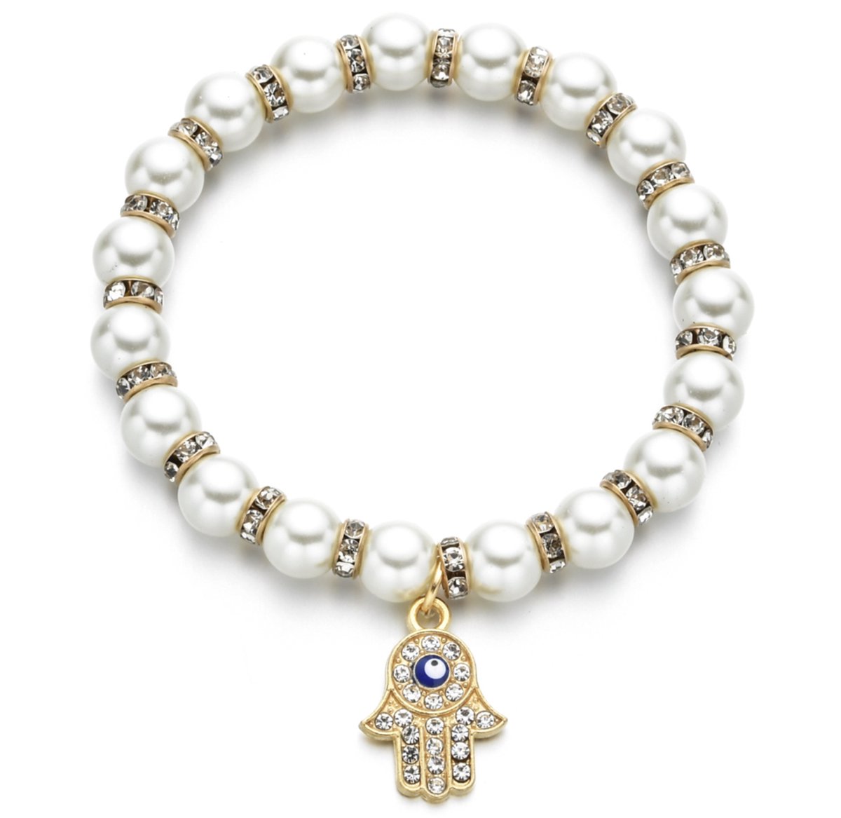 Cabantis Hamsa Hand Armband - Boze Oog - Armband Dames - Armband Heren - Armband Unisex - Bescherming - Parel met diamanten