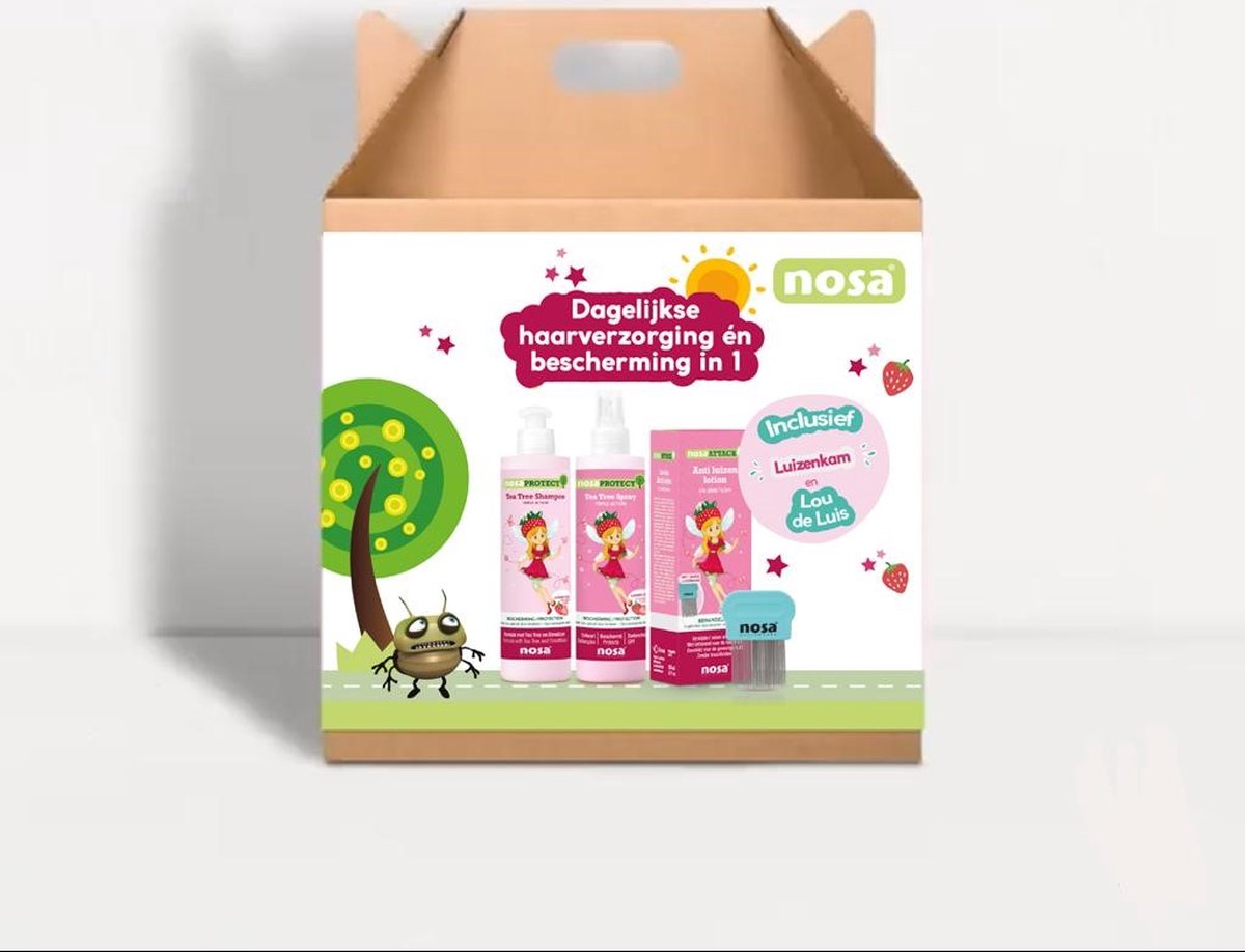 Nosa Protect & Attack Care Box met aardbeigeur (shampoo, leave-in spray & anti-luizen lotion)