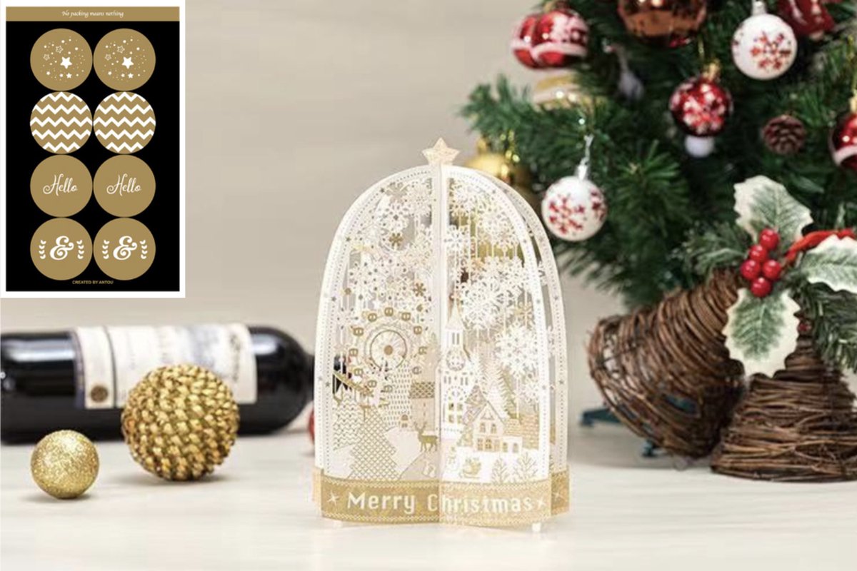 3D Pop up kerstkaart Merry Christmas met sneeuwvlokken en gouden kerststerren incl. 8 feestelijke sluitzegels