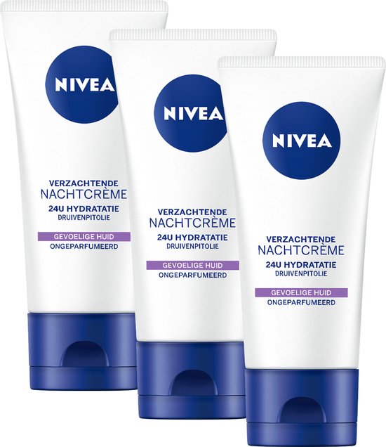 NIVEA Essentials Sensitive Nachtcrème - Gevoelige huid - Ongeparfumeerd en pH-neutraal - Met zoethoutextract en druivenpitolie - 3 x 50 ml - NIVEA