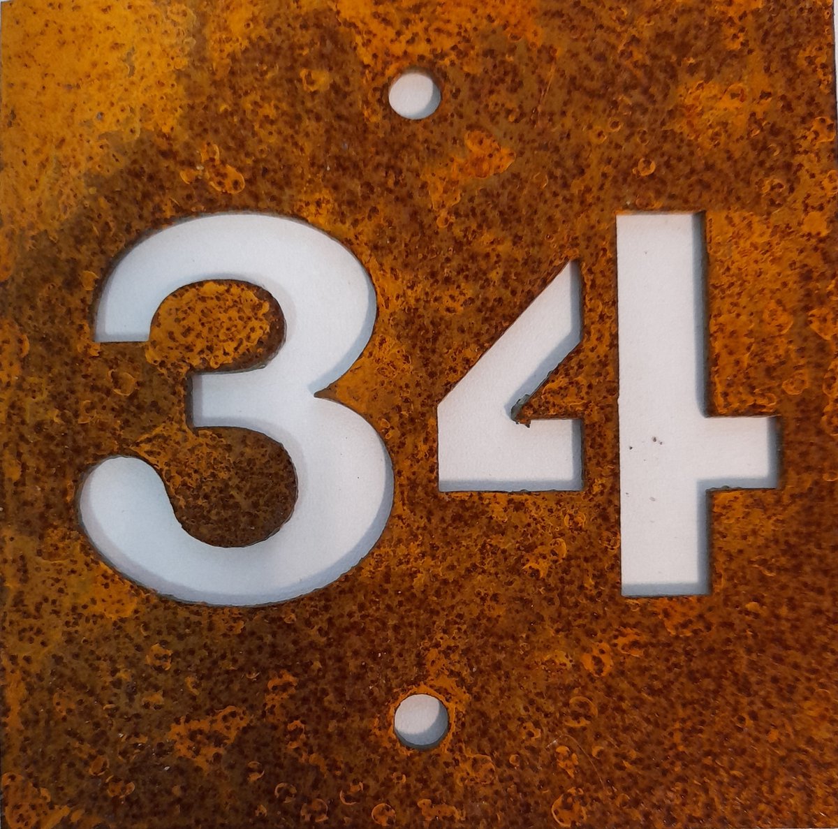 Cortenstaal huisnummerbord 34 (10x10cm)