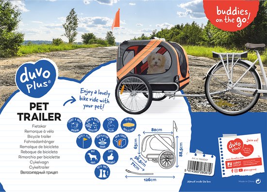 Duvo+ Fietskar Pet trailer 80x56,5x63cm Grijs Oranje van Duvo+ — afbeelding 3