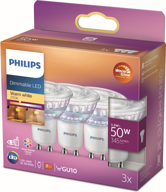 Philips energiezuinige LED Spot - 50 W - GU10 - Dimbaar warmwit licht - 3 stuks - Bespaar op energiekosten