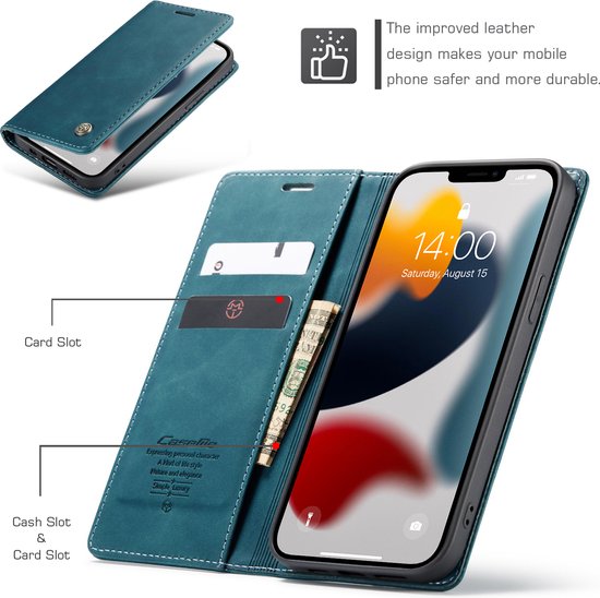 Bookcase de Luxe en cuir PU pour Apple iPhone 13 Pro | Étui en cuir de haute qualité | Étui portefeuille en cuir | Titulaire de la carte | Porte-monnaie | Bleu