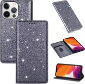 Apple iPhone 13 Mini Glitter Bookcase | Hoogwaardig PU Leren Telefoonhoesje | Pasjeshouder | Grijs