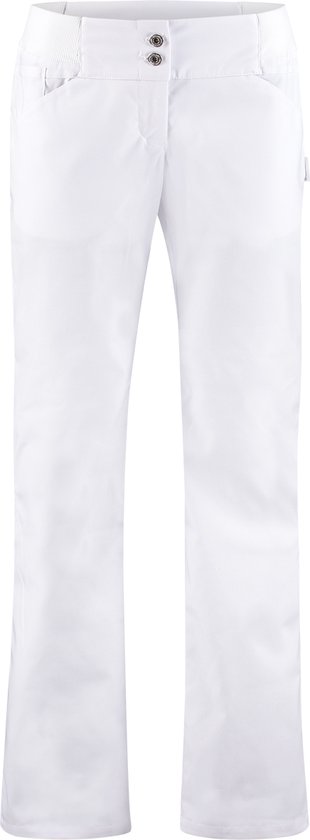 Voorkant van een witte werkbroek met elastische tailleband en knoopsluiting.