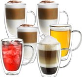 Dubbelwandige glazen met oortje - set van 6 x 350 ml - Thermoglazen - Glazen voor thee, koffie, Latte Macchiato en cappuccino