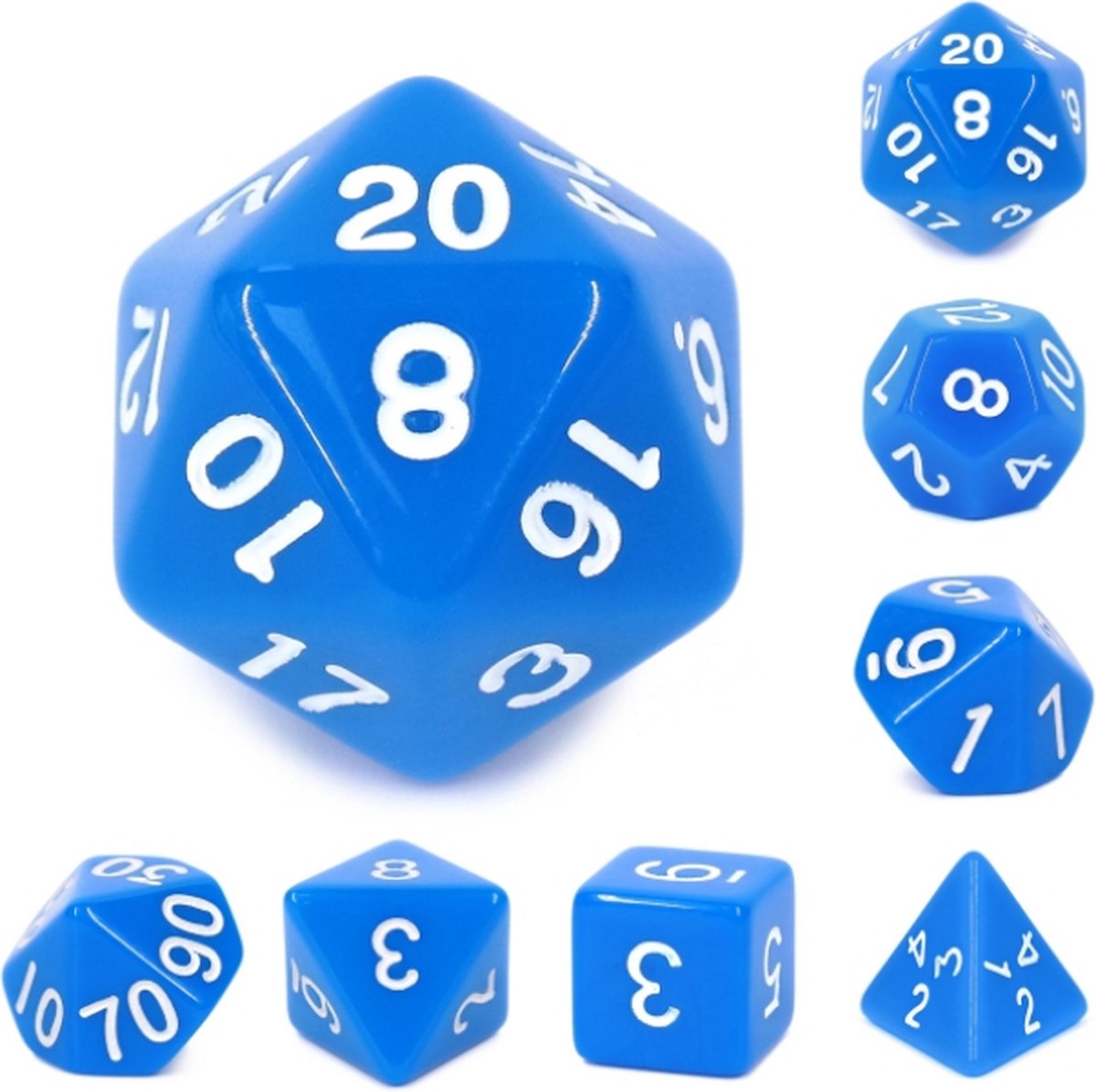 Polyset Dice | Dobbelstenen - Set Van 7 Stuks - Blauw Wit Ondoorzichtig| Voor D&D en Andere Rollenspellen | Plastic Dobbelstenen Set voor Dungeons and Dragons | Polyhedral Dice Set | Met Mooie Zwarte Velvet Dice Bag voor Ongeveer 3 Sets