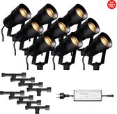 (Complete set) - 9 x LED Prikspot Lagos IP65 - 10 watt - 24v - Warmwit licht - & - 8 x Kabelverbinder T waterdicht - 24 v - & - 2 x LED Hamulight transformator 100w - 24v | Tuinverlichting | 