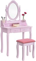 XuanYue Witte Vanity Make-up Dressing Tafel met Ovale Spiegel en Laden voor Meisjes (1 Spiegel + 4 Lade+1 Krukje) Make-up Bureau Sets Roze