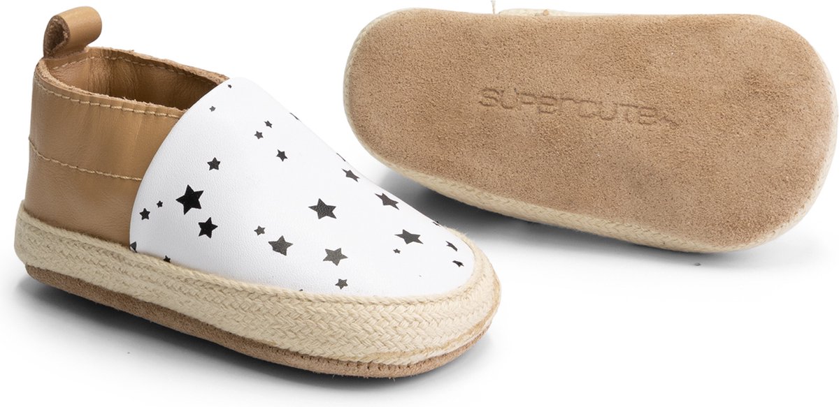 Supercute Espadrilles leer bruin wit met zwarte sterretjes 12 - 18 maanden maat 22/24
