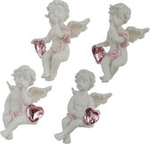 Set van 2 zittende engeltjes/cherubijnen met roze hart in de handen en glitterroze lendendoekje geschikt voor op de rand van een tafel/tablet te zitten