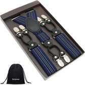 Luxe chique bretels - donkerblauw streep wit/blauw - Sorprese - zwart leer - 6 stevige clips - heren - unisex