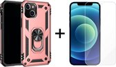 iPhone 13 Mini hoesje Kickstand Ring shock proof case rose met zwarte randen armor apple magneet - 1x iPhone 13 Mini Screenprotector
