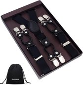 Luxe chique bretels - Zwart effen - Sorprese - zwart leer - 6 stevige clips - 2,5 cm breed - heren - unisex