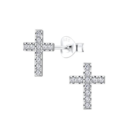 Joy|S - Zilveren kruis oorbellen - zirkonia - 7 x 10 mm