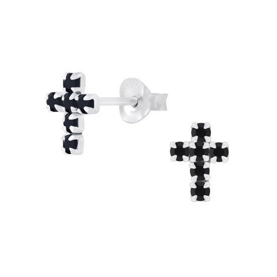 Joy|S - Zilveren kruis oorbellen - 6 x 9 mm - zwart kristal