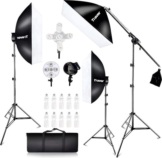 Travor fotostudio 3 in 1 studiolampen set – 3x softbox met statief - studio...