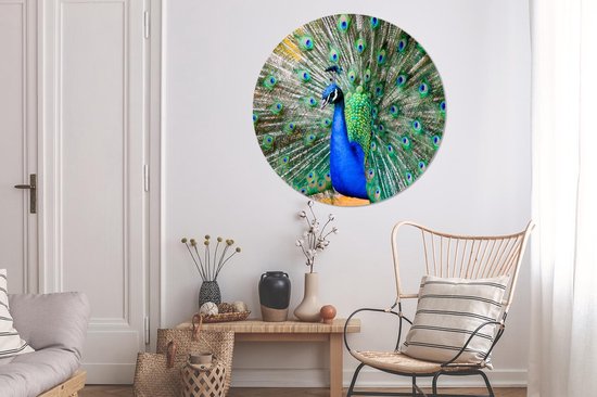 Cercle mural - Cercle mural - Paon - Ressorts - Blauw - Aluminium - Dibond - ⌀ 120 cm - Intérieur et Extérieur XXL