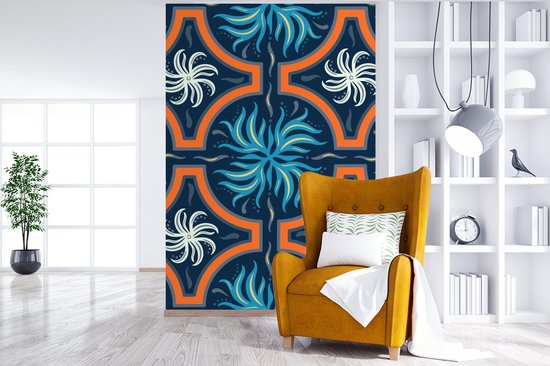 Motif carré de fleurs et feuilles bleues et blanches sur fond sombre 225x350 cm