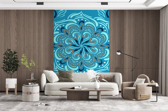 Motif abstrait d'une fleur détaillée et orange sur fond bleu 225x350 cm