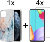 Samsung A71 Hoesje - Samsung Galaxy A71 Hoesje Marmer Lichtblauw Siliconen Case - 4x Samsung A71 Screenprotector