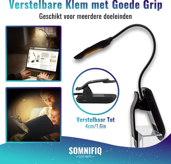 Somnifiq LED Leeslampje met Klem – voor Boek - Amber licht - 360°C Flexibele Nek - USB Oplaadbaar - Voor in Bed - Klemlamp voor Volwassenen en Kinderen - Slaapkamer Lampje - Somnifiq