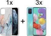 Samsung A51 Hoesje - Samsung Galaxy A51 Hoesje Marmer Lichtblauw Siliconen Case - 3x Samsung A51 Screenprotector