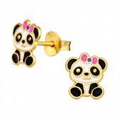 Oorbellen meisje zilver | Gold plated oorstekers, panda met roze strik
