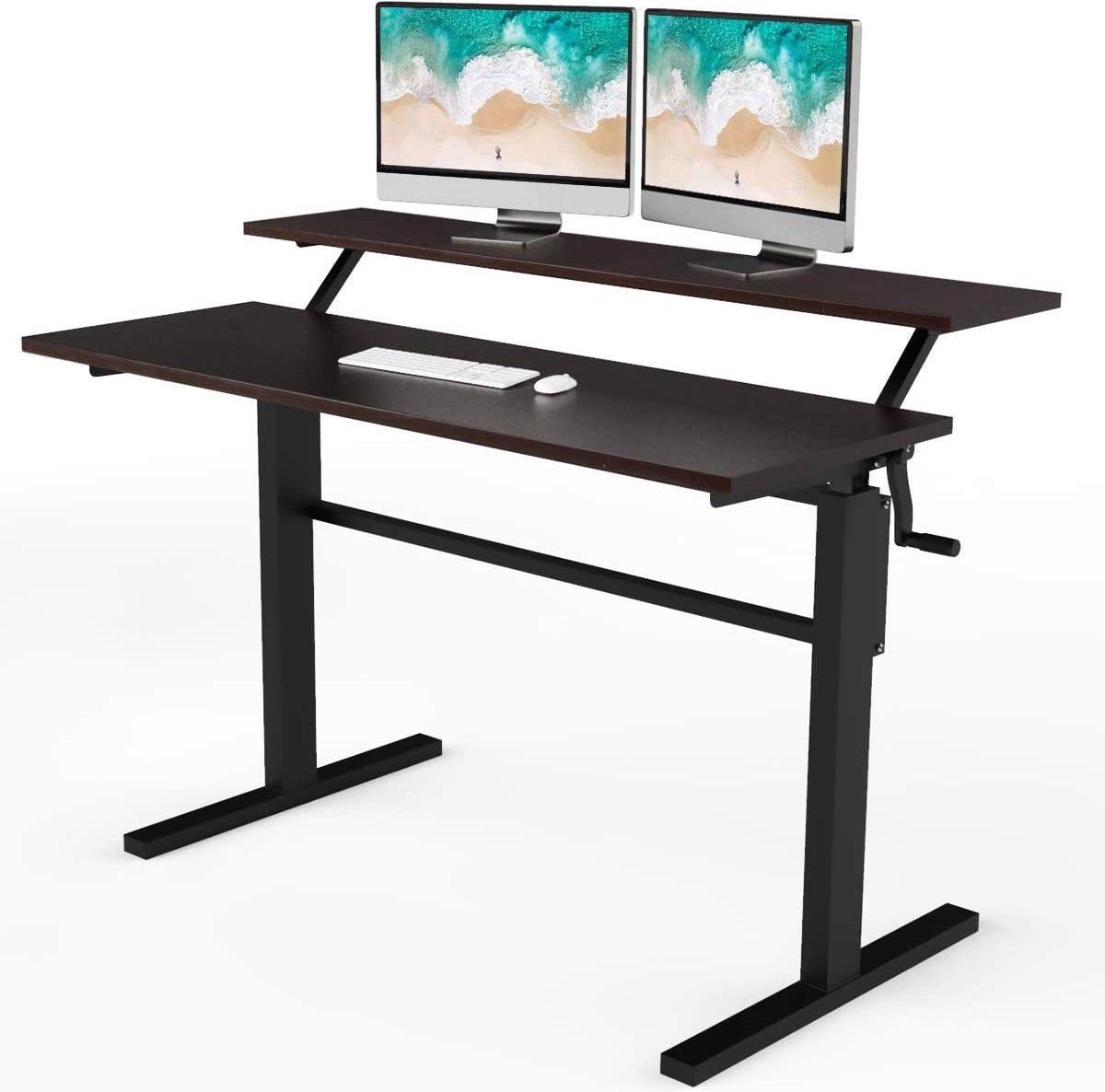 LUXGOODS 2-laags in hoogte verstelbaar sta-bureau, zit-sta-werkstation met monitorplank, opvouwbare slinger, ergonomische computer tafel voor thuiskantoor, bruin