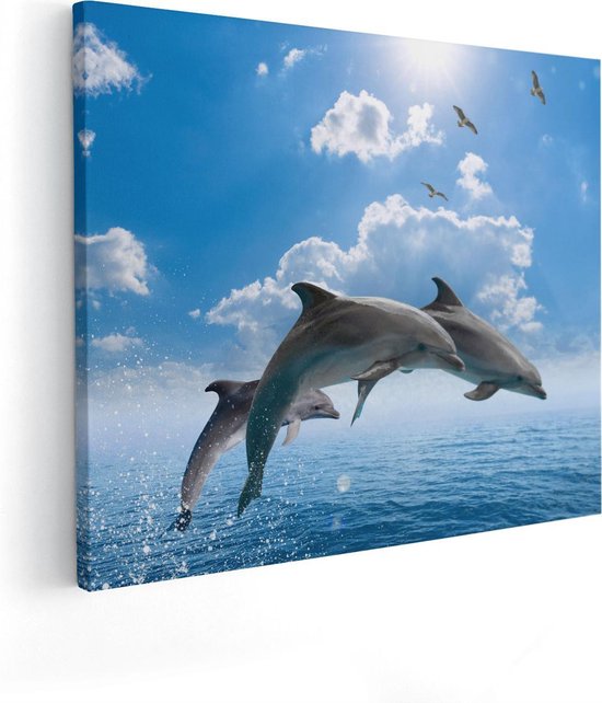 Artaza Canvas Schilderij Dolfijnen Springen uit de Blauwe Zee - 100x80 - Groot - Foto Op Canvas - Canvas Print