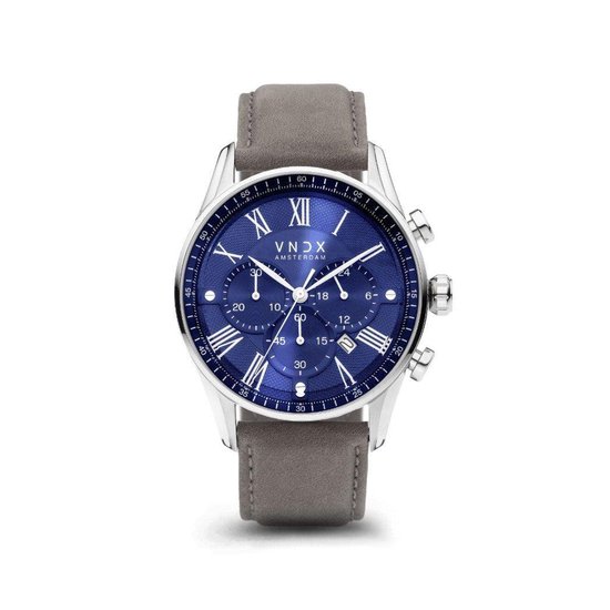 VNDX Amsterdam - Horloge voor mannen - The Chief Blauw Leder Grijs
