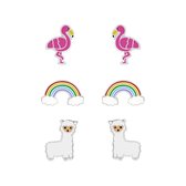 Joy|S - Zilveren oorbellen - set 3 paar - Alpaca oorbellen - Regenboog oorbellen - Flamingo oorbellen