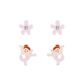 Joy|S - Zilveren oorbellen set - 2 paar - bloem - ballerina danseres oorknoppen