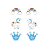 Joy|S - Zilveren oorbellen - set 3 paar - Kroontje oorbellen - Pony/ eenhoorn oorbellen - Regenboog oorbellen