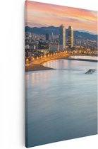 Artaza Canvas Schilderij Barcelona Strand met Stad bij Zonsondergang - 20x30 - Klein - Foto Op Canvas - Canvas Print