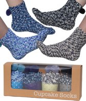 Cadovara Cupcake Sokken - Fluffy Huissokken - Zachte Bedsokken - One Size - Cadeauverpakking - Lichtblauw/Donkerblauw/Grijs/Zwart