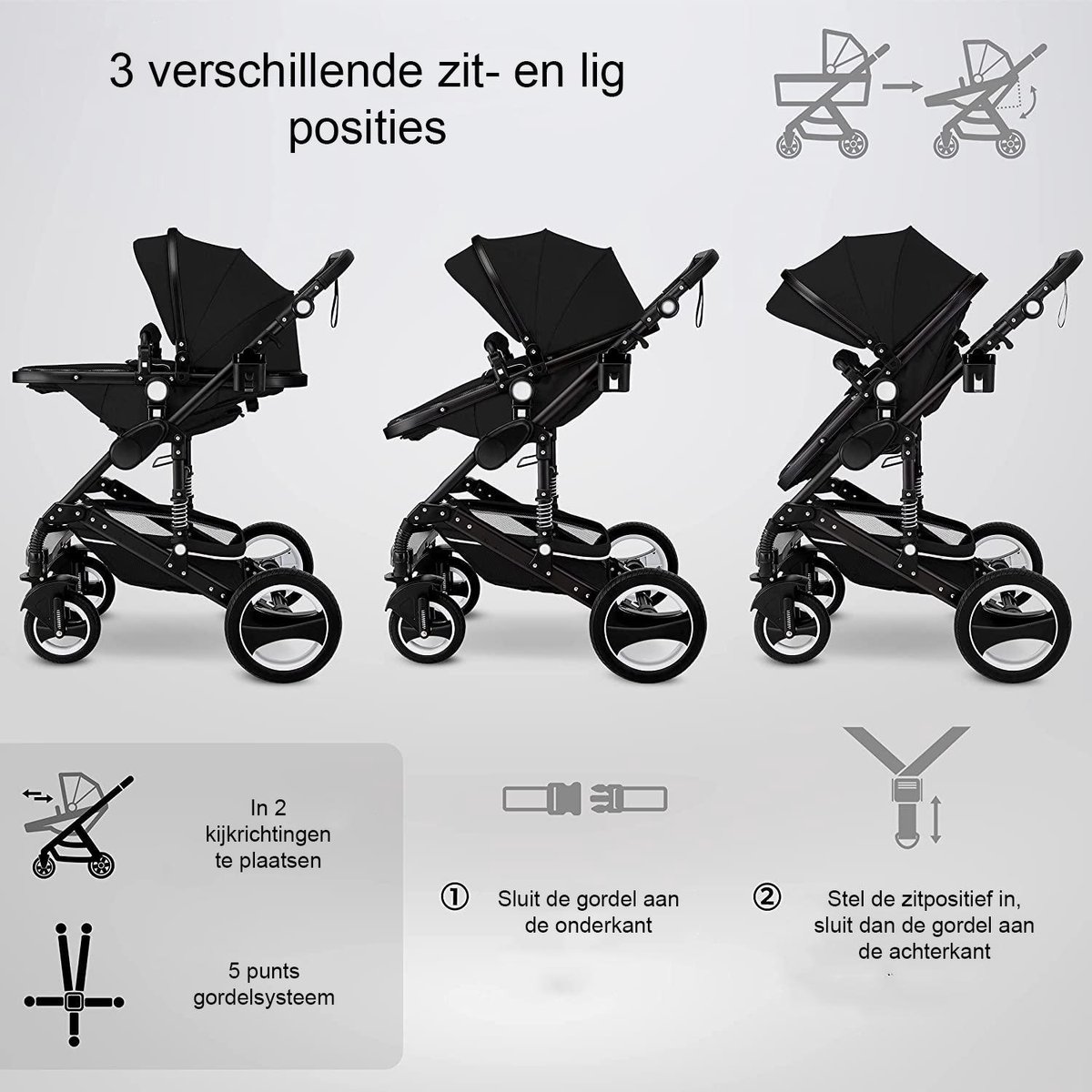 Kinderwagen 3 in 1 Verstelbaar met Luiertas - Zwart - afbeelding 2