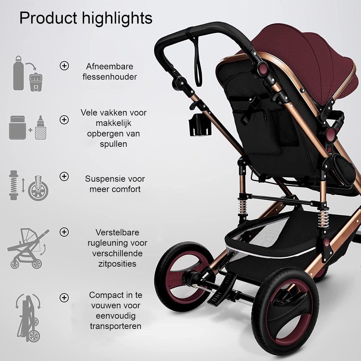 Kinderwagen 3 in 1 met Luiertas - Bordeaux/Goud - afbeelding 2